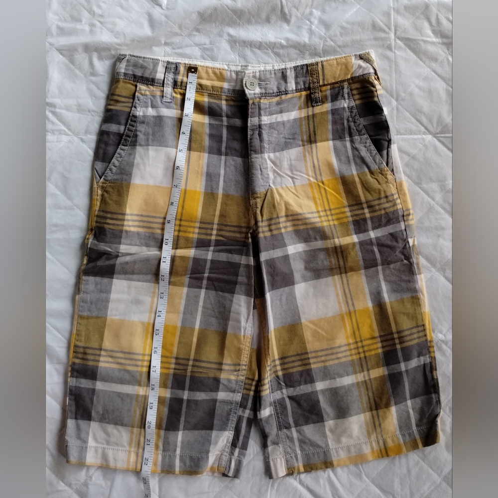 Old Navy Plaid Flat Front Shorts - Yellow Gray White